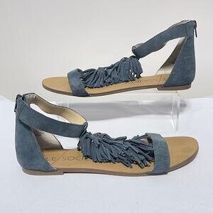 Sole Society Sandals Womens 9.5 Blue Suede Fringe Gladiator Open Toe BOHO